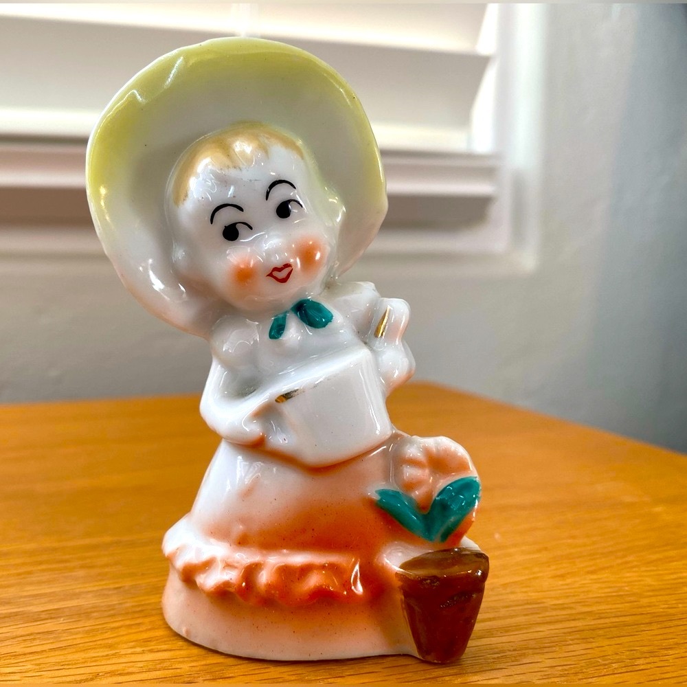 Napco Lefton Japan porcelain farmer girl watering can hat plant gardening 🪴 vtg